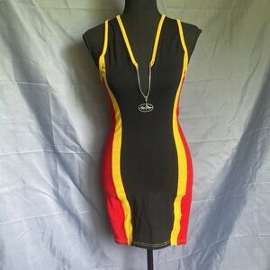 Rare Paris Zone Blue Vintage 90’s black, Red, and Yellow Racerback Dress